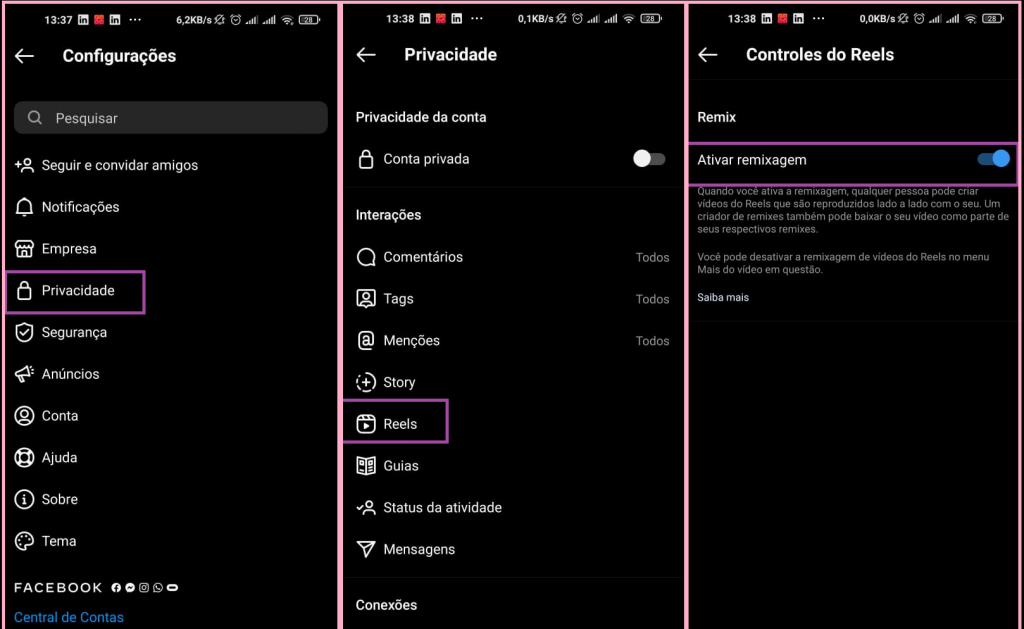 Como ativar ou desativar o remix nas configurações do Instagram