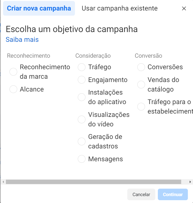 Etapa 1: Escolha seu objetivo - anunciar instagram